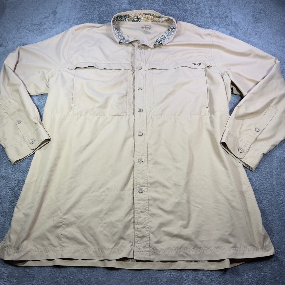 GameGuard Mens 2XL Tan Long Sleeve Ventilated Fishing Shirt Camo Trim Pockets